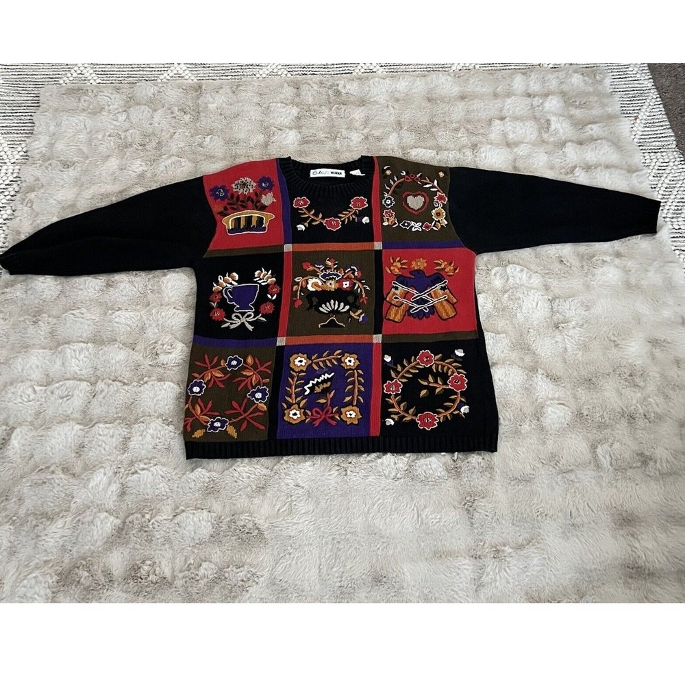 Chaus Sweater Womens 1X Black Knit Patchwork Folk Art Embroidered Pullover Fall